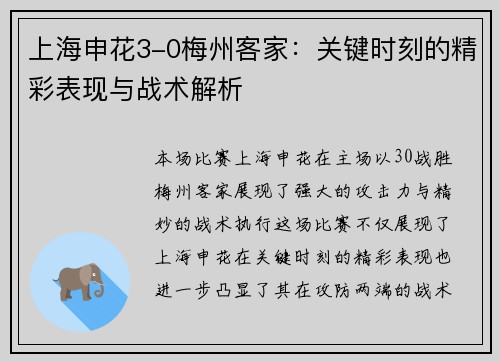 上海申花3-0梅州客家：关键时刻的精彩表现与战术解析