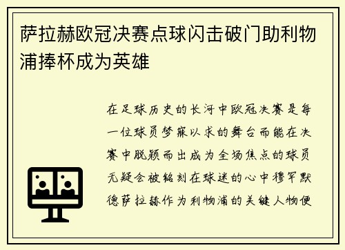 萨拉赫欧冠决赛点球闪击破门助利物浦捧杯成为英雄 萨拉赫欧冠决赛点球闪击破门助利物浦捧杯成为英雄