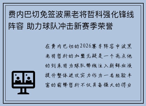 费内巴切免签波黑老将哲科强化锋线阵容 助力球队冲击新赛季荣誉 费内巴切免签波黑老将哲科强化锋线阵容 助力球队冲击新赛季荣誉