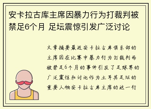 安卡拉古库主席因暴力行为打裁判被禁足6个月 足坛震惊引发广泛讨论 安卡拉古库主席因暴力行为打裁判被禁足6个月 足坛震惊引发广泛讨论